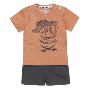 Front view of Dirkje baby boys rust pirate-cat T-shirt and dark grey shorts set