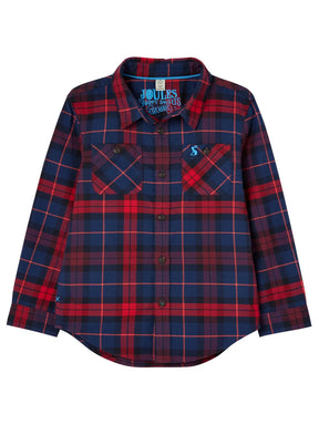 Joules Hamish Red Check Long Sleeve Shirt: front view of red and navy checked shirt