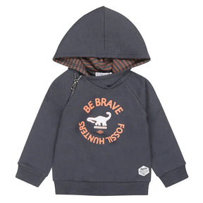 Front view of dark-blue Dirkje boys hoodie with orange dinosaur graphic