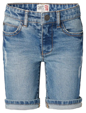 Noppies Ghent mid blue denim shorts, front view with rolled cuffs