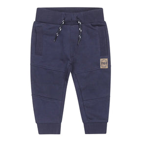 Dark navy Dirkje boys joggers with panel seams and 1968 patch, front view