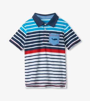 Hatley boys striped polo with navy collar and blue whale chest pocket, front view