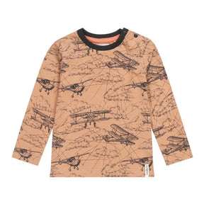 Front view of camel Koko-Noko boys long-sleeve top with airplane and map print