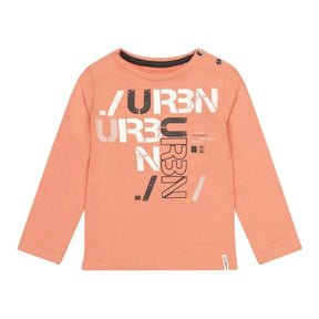 Front view of faded orange Koko-Noko boys long-sleeve top with urban text graphic