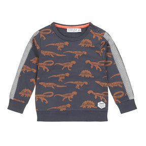 Front view of dark-blue Dirkje boys sweater with rust dinosaur print