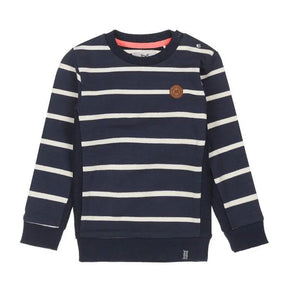 Front view of navy and ivory striped Koko-Noko boys sweatshirt