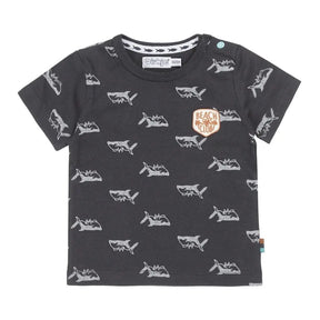 Front view of navy Dirkje boys T-shirt with grey shark print