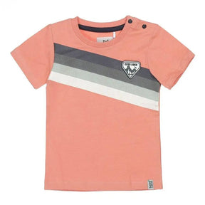 Front view of dusty coral Koko-Noko boys T-shirt with diagonal stripe graphic