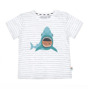 Front view of white Dirkje boys T-shirt with grey stripes and blue shark graphic