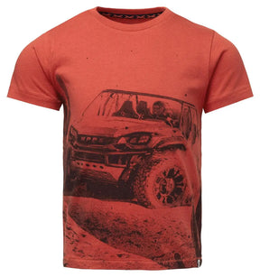 Noppies Garoua Hot Sauce red boys T-shirt with black vehicle graphic, front view