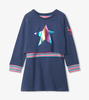 Hatley girls navy rib dress with metallic rainbow star and striped trim, front view