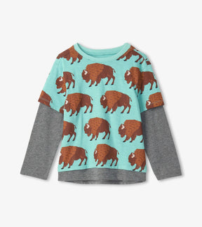Hatley Buffalo Herd boys aqua fooler tee with brown buffalo and grey sleeves, front view