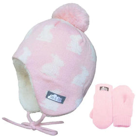 Pink bunny knit hat with pom-pom, ear flaps and matching mittens
