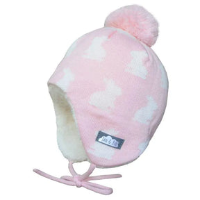 Pink bunny-pattern knit ear-flap hat with pom-pom, product view