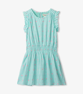 Front view of Hatley Butterfly Gingham dress in mint checks with tiny pink butterflies