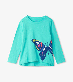 Hatley girls turquoise long-sleeve tee with multicolour butterfly graphic, front view