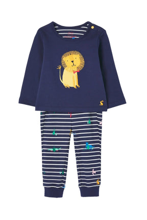 Joules Byron Navy Lion Long Sleeve Outfit Set: front of long-sleeve lion top with striped bottoms