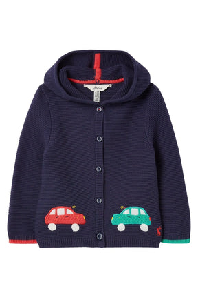 Joules Chamford Navy Cars Hooded Baby Cardigan: front view with two cars and hood