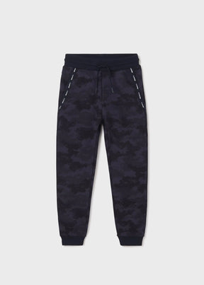 Front view of dark navy tonal camouflage boys joggers