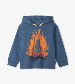 Hatley blue Campfire Bear pullover hoodie with orange campfire graphic, front view