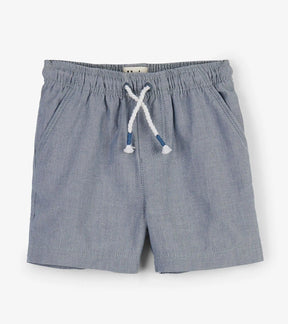 Hatley chambray-blue baby woven shorts with elastic drawcord waist and front pockets, front view