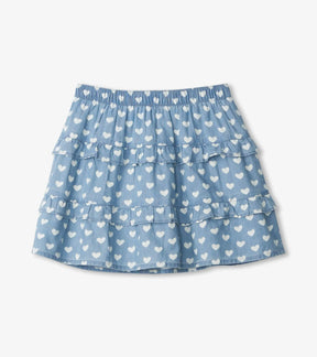 Hatley Chambray Hearts light blue tiered ruffle skirt, front view