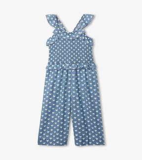 Hatley girls blue Chambray Hearts smocked romper with ruffled straps and cropped legs, front view