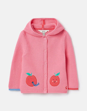 Joules Charmford Pink Apple Hooded Cardigan: front view with apples and hood
