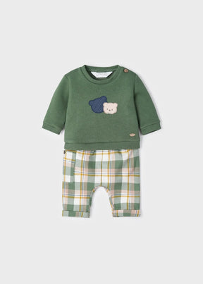 Front view of green bear top with green beige and yellow plaid pants