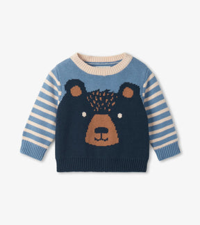 Hatley baby boys blue sweater with navy bear face and striped sleeves, front view