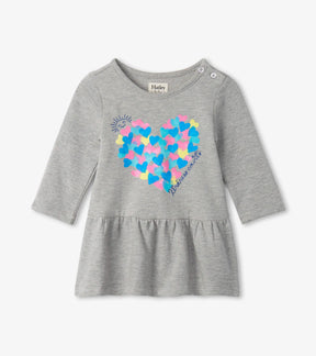 Hatley baby girls gray long-sleeve dress with colourful heart graphic, front view