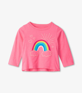 Hatley baby girls pink long-sleeve tee with rainbow, clouds and heart graphic, front view