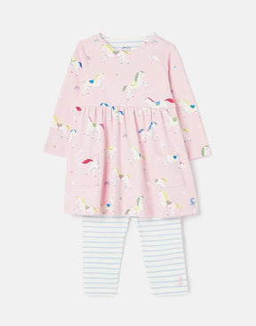 Joules Christina Pink Horse Dress and Leggings Set: horse-print dress with striped leggings beneath