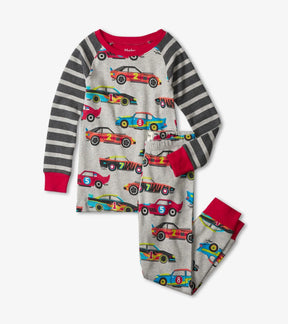 Hatley gray race-car pajama set with charcoal-striped raglan sleeves, red cuffs and matching printed pants.
