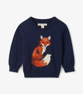 Hatley baby boys navy V-neck sweater with orange fox knit motif, front view