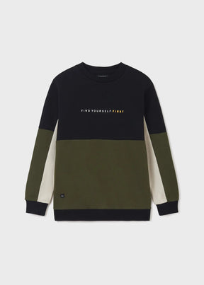 Front view of black olive and off-white boys sweatshirt