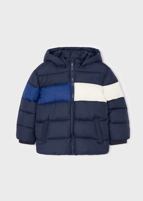 Front view of navy hooded puffer jacket with blue and ivory stripe