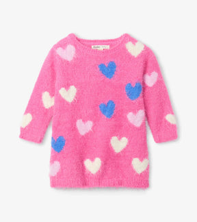 Hatley baby girls bright pink fuzzy sweater dress with blue, cream and pale-pink hearts, front view
