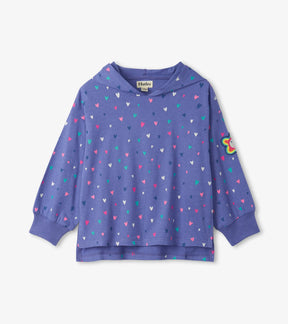 Hatley girls purple pullover hoodie with multicolor confetti heart print and flower sleeve patch, front view
