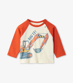 Hatley cream and orange raglan baby tee with excavator Dig It graphic, front view