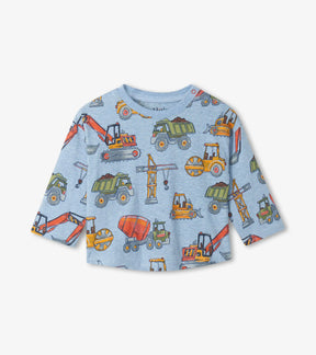 Hatley blue long sleeve baby tee with all-over construction vehicle print, front view