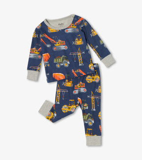 Hatley navy Construction Trucks organic cotton baby pajama set with gray cuffs