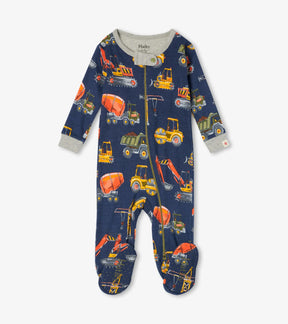 Hatley navy Construction Trucks organic cotton footed coverall with gray trim