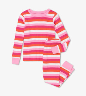Hatley Cotton Candy Stripes girls pajama set, front view with pink, coral and white stripes and matching cuffed pants.