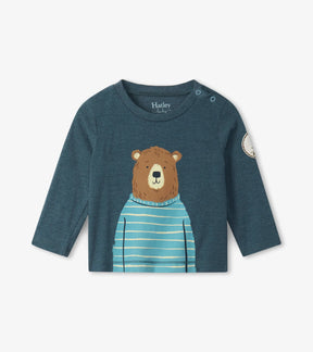 Hatley teal baby long sleeve tee with bear in striped sweater graphic, front view