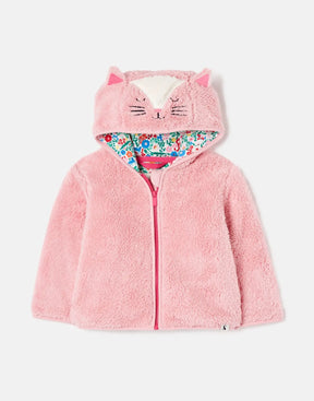Joules Cuddle Cat Pink Fleece Zip Hoodie: front view with cat-face hood