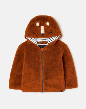 Joules Cuddle Tiger Orange Fleece Zip Hoodie: front view with tiger-face hood