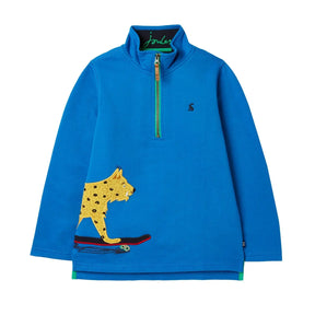 Joules Dale Blue Skateboarding Lynx Half-Zip Top: front view with skateboarding lynx