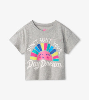 Hatley girls grey Daydream tee with colorful sunshine graphic and front patch pocket