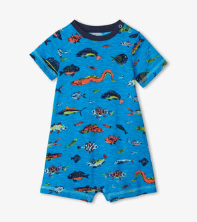 Hatley Deep Sea Fish bright-blue baby romper with colorful fish print, front view
